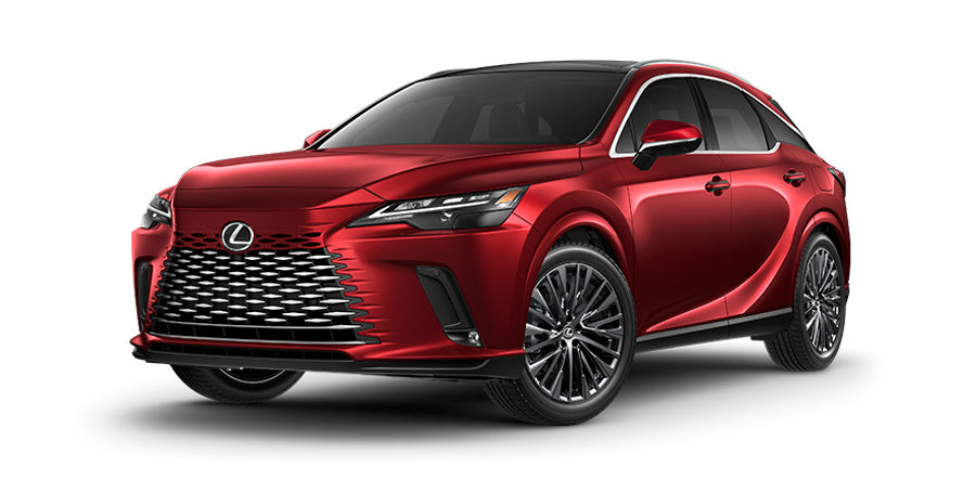 Exterior of the 2024 RX 450h+ Luxury AWD shown in Matador Red Mica.