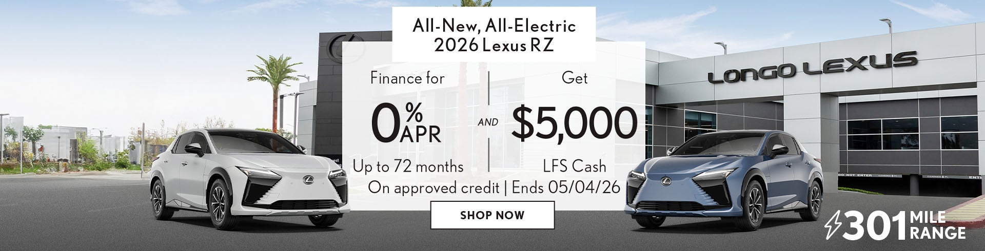 Finance a new 2026 Lexus RZ for 0% APR for 72 mos + $5,000